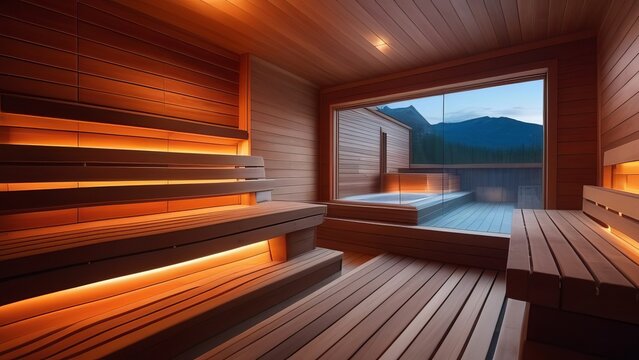 A modern sauna with warm, wooden interiors and soft lighting, offering a scenic view of mountains and a lake through a large window. The ambiance is inviting and serene