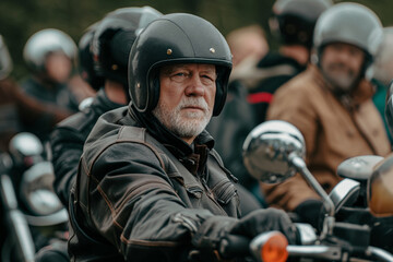 Seasoned biker with a helmet participates in a motorcycle club gathering, showcasing camaraderie and lifestyle among the biking community