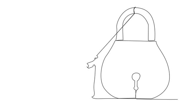 Animated self drawing of single one line drawing businesswoman climbing padlock with rope. Do the best to privatize business. Sole owner. Smart hard work. Satisfied. Full length single line animation