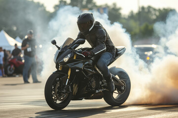 Fototapeta premium Exciting outdoor event featuring a man performing a powerful and thrilling sportbike burnout performance. Creating smoke and adrenalineinducing action with his motorcycle