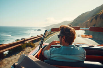 Fototapeta premium Rear view of a man driving a vintage convertible along a scenic coastal road with ocean views during a sunny day