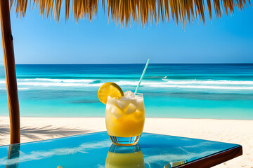 The cold lemonade of the beach bar, the background of the tropical ocean,
Summer Beach Background Poster Banner Illustration Design, ai