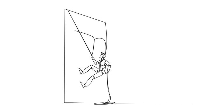 Animated self drawing of single continuous line drawing businessman climbs shield with rope. Working help clients secure servers from virus attacks. IT entrepreneur. Full length single line animation