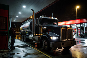 Professional truck driver fills up his large tanker truck at a brightly lit gas station under the evening rain