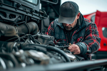 Focused male truck driver, clad in a plaid shirt and cap, meticulously checks the engine of his red semitruck