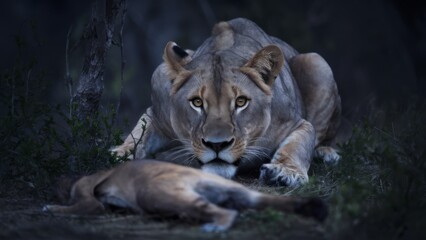 A lion laying down next to a dead animal in the woods, AI