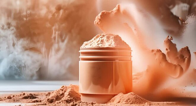 Designing a Promotional Background with a Protein Powder Bottle for Marketing Purposes. Concept Product Promotion, Design Creation, Marketing Strategy, Creative Branding