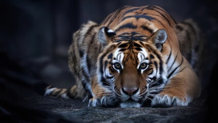 Obraz premium A tiger laying down on the ground with its eyes closed, AI