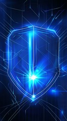 Obraz premium Technological blue background, protective shield composed of 2 glowing lines, security concept, technology, anti-hacker, 4k high-definition wallpaper, background, generated by AI，Secure Technology Shi