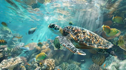 Obraz premium Sea Turtle Swimming Among Colorful Coral Reef