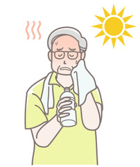 熱中症で水分補給するシニア男性のイラスト