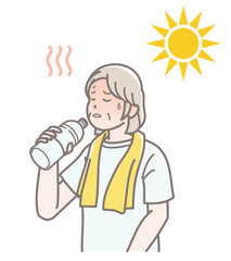 熱中症で水分補給するシニア女性のイラスト