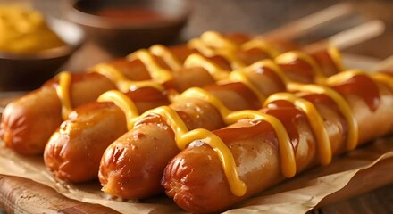 Corndog on a Table at a Street Cafe: Traditional American Junk Food for National Corndog Day. Concept American food, National Corndog Day, Junk food, Street cafe, Food photography