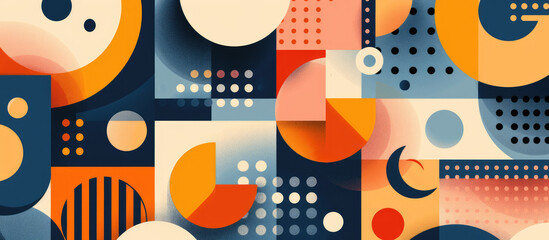 Abstract flat illustration of geometric shapes and patterns in blue, orange, peach, beige and white, in Bauhaus art style