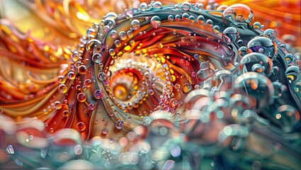 Fototapeta premium Mesmerizing digital art featuring a swirling vortex of vibrant colors, glistening orbs and intricate, fluid patterns resembling surreal liquid elements.