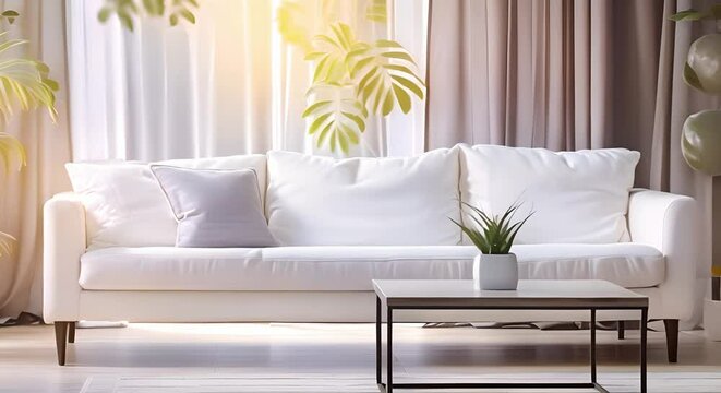 Minimalistic living room staging with sofa coffee table and plants closeup. Concept Home Staging, Minimalist Decor, Living Room Furniture, Indoor Plants, Closeup Photography