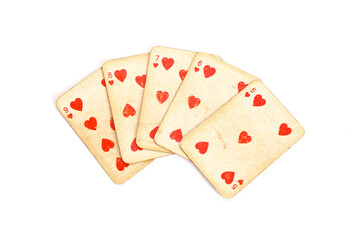 Straight Flush vintage playing cards isolated on completely white background