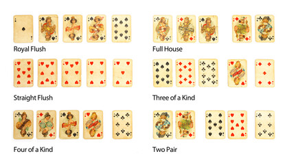 Poker hand ranking with vintage playing cards isolated on completely white background