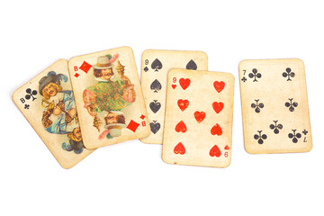 Two Pair poker vintage playing cards isolated on completely white background