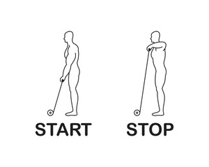 An exercise for the trapezius and deltoid muscles, a sports exercise on a gym machine, a line drawing of a person doing sports.