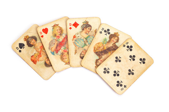Four of a Kind poker vintage playing cards isolated on completely white background