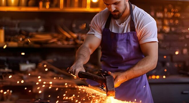 Craftsman in apron forging iron with sparks at anvil in workshop. Concept Blacksmithing, Metalworking, Handcrafted, Artisan, Industrial Forge
