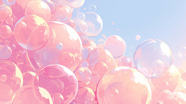 Light and airy pink bubbles floating against a blue sky