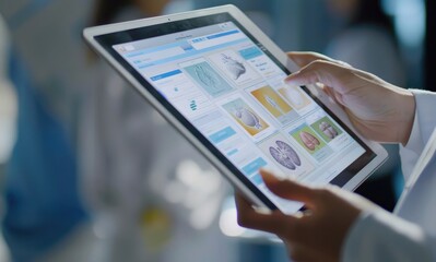 An interactive user interface for treating and diagnosing liver disease. A female doctor touches an iPad with a digital medical record that contains Liver. Digital medical record connected - Powered by Adobe