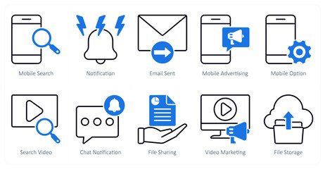 A set of 10 seo icons as mobile search, notification, email sent, mobile advertising