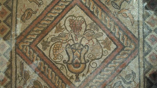 Ancient Roman Mosaic on the Floor of an Old Building atop a Hill, Surrounded by the Emerald Waters of Lake Lin, Pogradec
