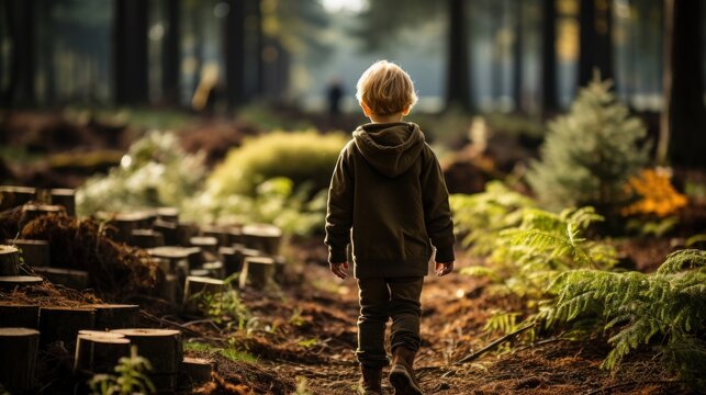 A young child in a hoodie ambles along a path bordered by tree stumps in a forest setting capturing exploration and growth