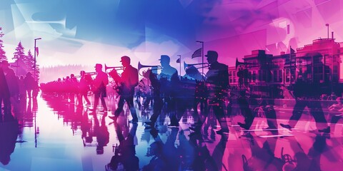 Abstract cityscape with silhouettes of people walking. Vibrant pink and blue hues create a modern, dynamic urban atmosphere.