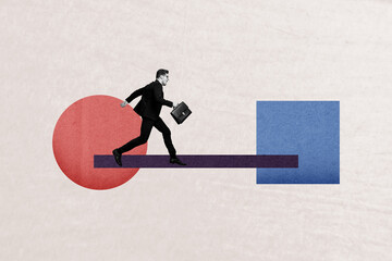 Collage image artwork poster of funny nice man worker running going fast isolated on drawing...