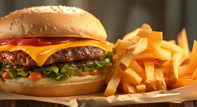 Closeup of a traditional cheeseburger and fries, perfect for a creative banner with room for text. Concept Food Photography, Burger and Fries, Banner Design, Close-up Shots, Creative Composition