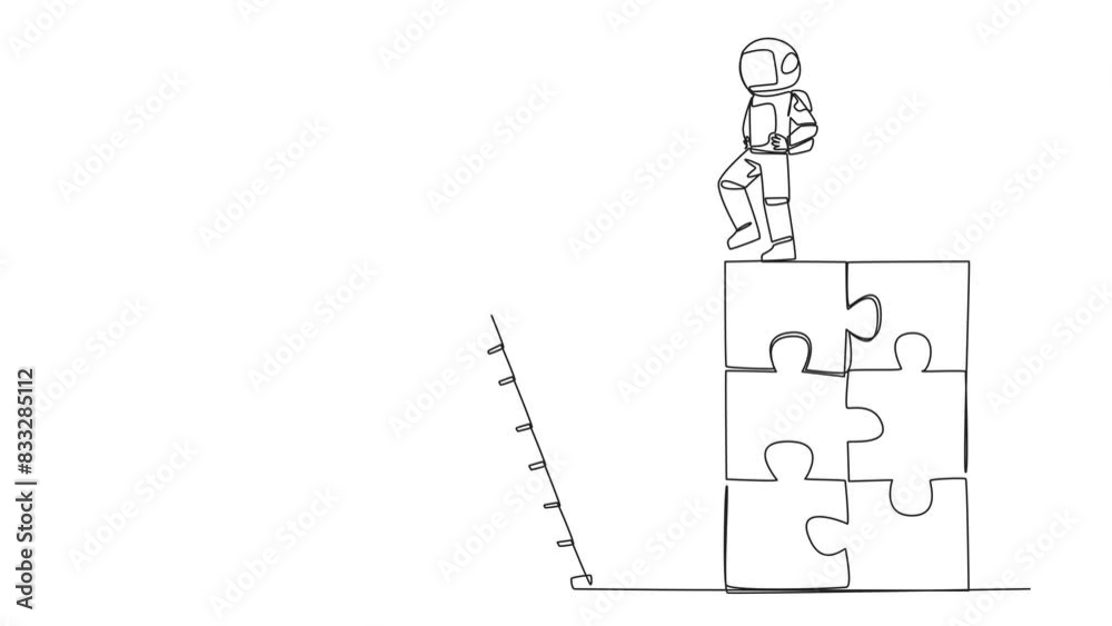 Poster animation of single continuous line drawing the astronaut kicks opponent who climbing the puzzle wit
