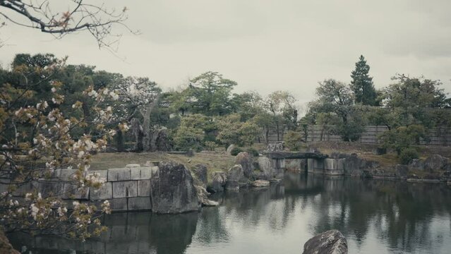 Pond Of Ninomaru Garden At Nijo Castle In Kyoto, Japan. wide shot