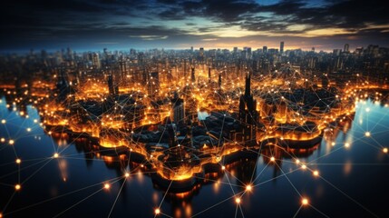 Fototapeta premium A futuristic depiction of a mega city illuminated by glowing network lines symbolizing connectivity
