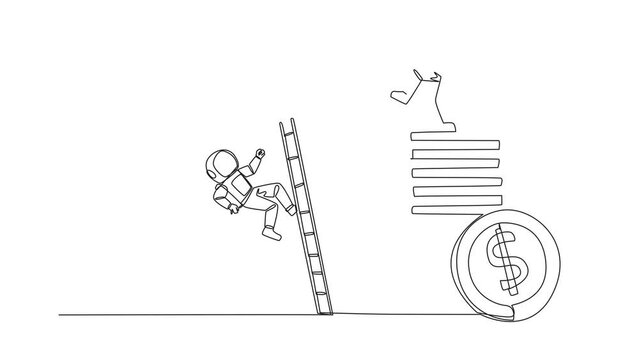 Animated self drawing of continuous one line drawing astronaut kicks opponent who climbing a pile of coins with a ladder. Forgetting comrades in arms. The traitor. Full length single line animation