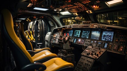 Complex spaceship cockpit with numerous controls and illuminated panels