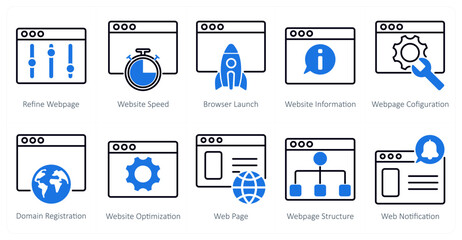 A set of 10 seo icons as refine weboage, website speed, browser launch