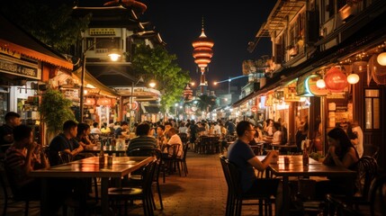 A bustling dining street with people and traditional architecture under night lights, conveying a lively atmosphere