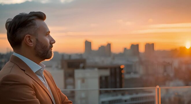 Real estate mogul enjoys aerial view of city for investment opportunities. Concept Real Estate Investment, Aerial Photography, Urban Development, Business Strategy, City Views