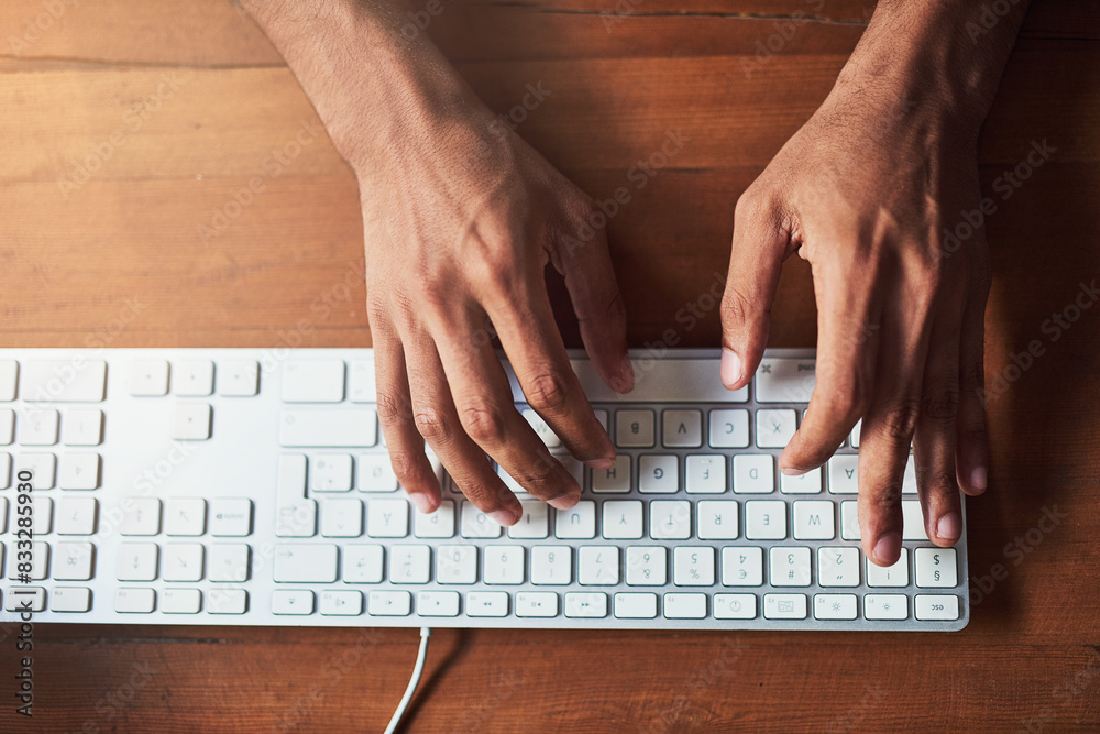 Poster above, hands and keyboard with typing, email or communication for connection in modern office. onlin