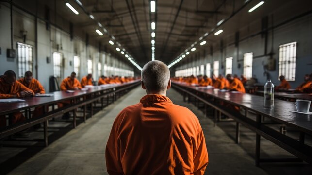 A person sitting with his back towards the camera surrounded by others in orange jumpsuits in a prison hall