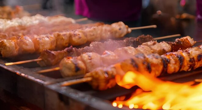 Explore Thlands flavorful street food scene with succulent meat skewers and local delicacies. Concept Street Food, Meat Skewers, Local Delicacies, Foodie Adventures, Culinary Delights