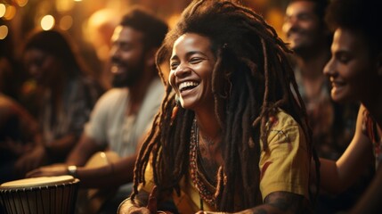 Joyous musician with dreadlocks playing a djembe drum during a vibrant music session