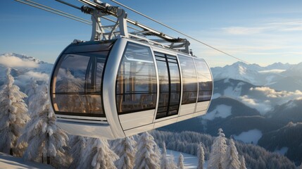 A modern gondola lift traversing above a pristine snowy mountain scenery under a clear blue sky - Powered by Adobe