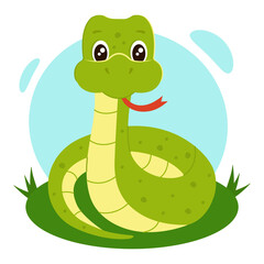 Cute green snake on the grass. Cartoon little snake. Vector illustration