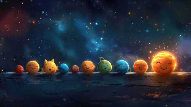 Children's illustration with planets and stars arranged in a row on an empty space background, copy space concept
