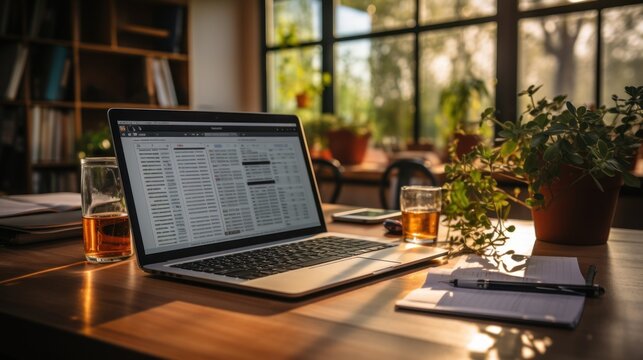 A cozy workspace with a laptop open to a spreadsheet and comfortable ambient lighting